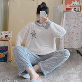 Soft wool nightsuit with white fur patch for women, high-quality Indian-made pyjamas with long sleeves and printed net pattern